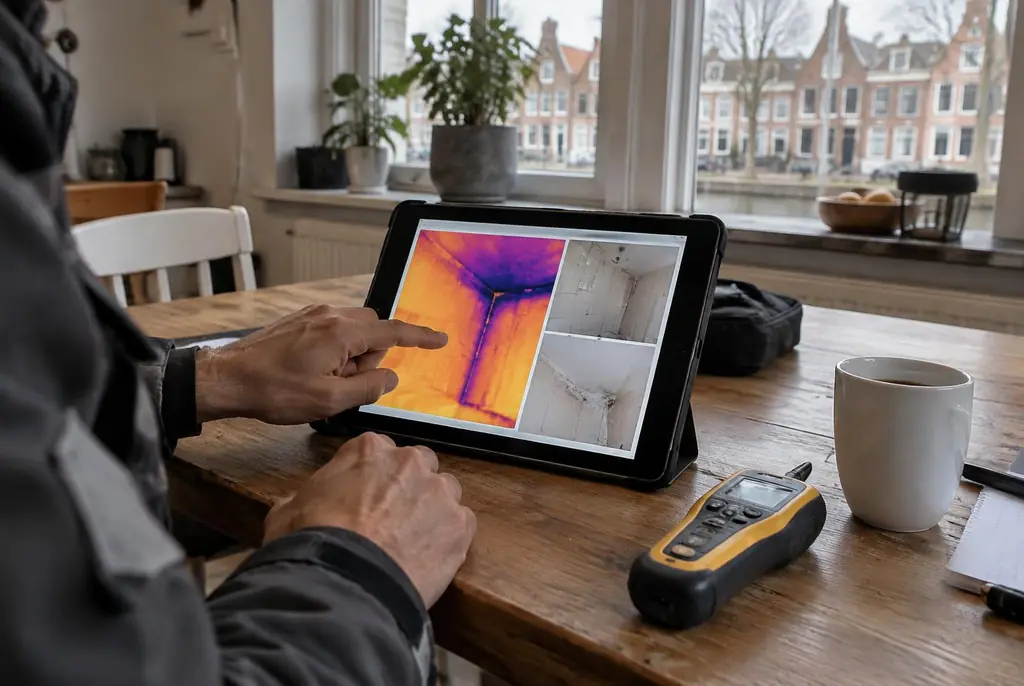 Lekdetectie Schagen – lekdetectierapport met warmtebeelden en foto's op een tablet
