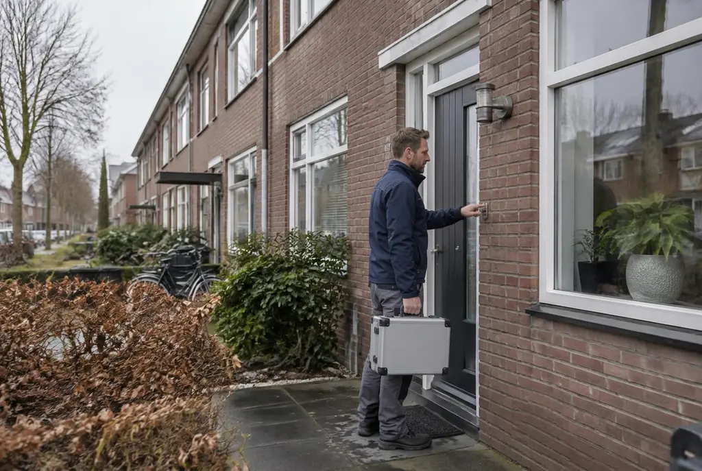 Lekdetectiespecialist met meetkoffer bij de voordeur van een woning in Schagen